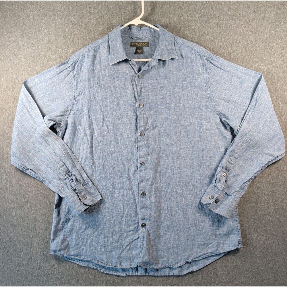 Y2K Linen Chambray Shirt Banana Republic Soft Wash Mens L Blue Casual Button LS